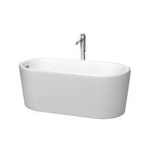 Load image into Gallery viewer, Wyndham Ursula 59 Inch Freestanding Bathtub in Matte White with Floor Mounted Faucet, Drain and Overflow Trim in Polished Chrome- Wyndham