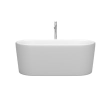 Load image into Gallery viewer, Wyndham Ursula 59 Inch Freestanding Bathtub in Matte White with Floor Mounted Faucet, Drain and Overflow Trim in Polished Chrome- Wyndham