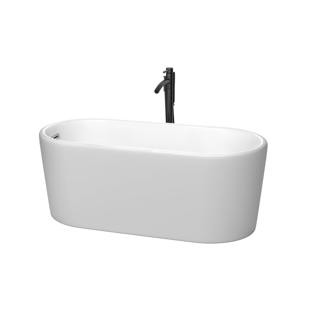Wyndham Ursula 59 Inch Freestanding Bathtub in Matte White with Polished Chrome Trim and Floor Mounted Faucet in Matte Black- Wyndham