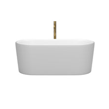 Load image into Gallery viewer, Wyndham Ursula 59 Inch Freestanding Bathtub in Matte White with Polished Chrome Trim and Floor Mounted Faucet in Brushed Gold- Wyndham