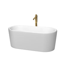 Load image into Gallery viewer, Wyndham Ursula 59 Inch Freestanding Bathtub in Matte White with Shiny White Trim and Floor Mounted Faucet in Brushed Gold- Wyndham