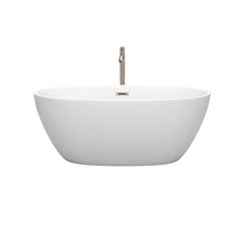 Load image into Gallery viewer, Wyndham Juno 59 Inch Freestanding Bathtub in Matte White with Floor Mounted Faucet, Drain and Overflow Trim in Brushed Nickel- Wyndham
