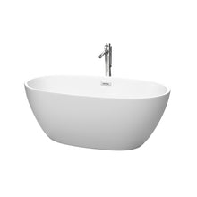 Load image into Gallery viewer, Wyndham Juno 59 Inch Freestanding Bathtub in Matte White with Floor Mounted Faucet, Drain and Overflow Trim in Polished Chrome- Wyndham