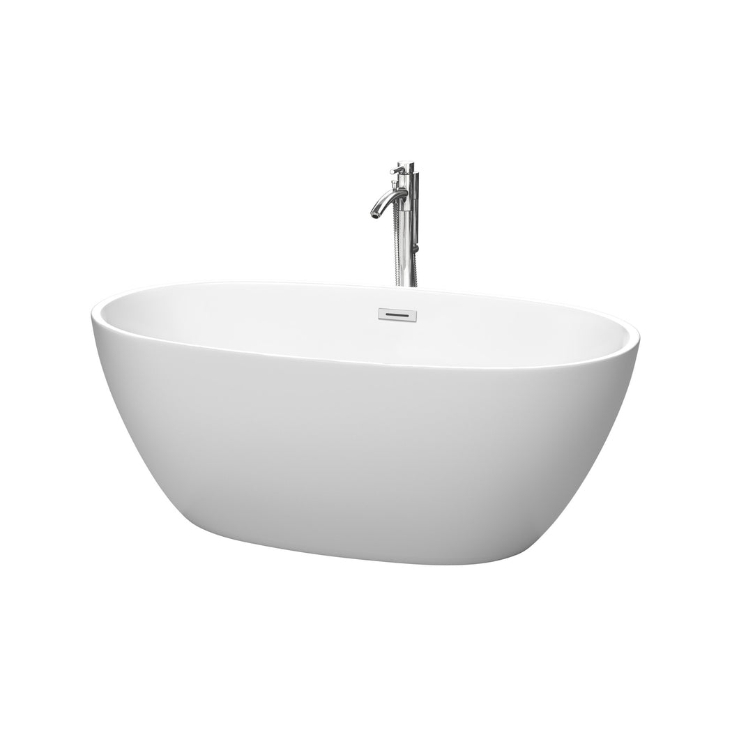 Wyndham Juno 59 Inch Freestanding Bathtub in Matte White with Floor Mounted Faucet, Drain and Overflow Trim in Polished Chrome- Wyndham