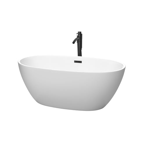 Wyndham Juno 59 Inch Freestanding Bathtub in Matte White with Floor Mounted Faucet, Drain and Overflow Trim in Matte Black- Wyndham