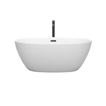 Load image into Gallery viewer, Wyndham Juno 59 Inch Freestanding Bathtub in Matte White with Floor Mounted Faucet, Drain and Overflow Trim in Matte Black- Wyndham