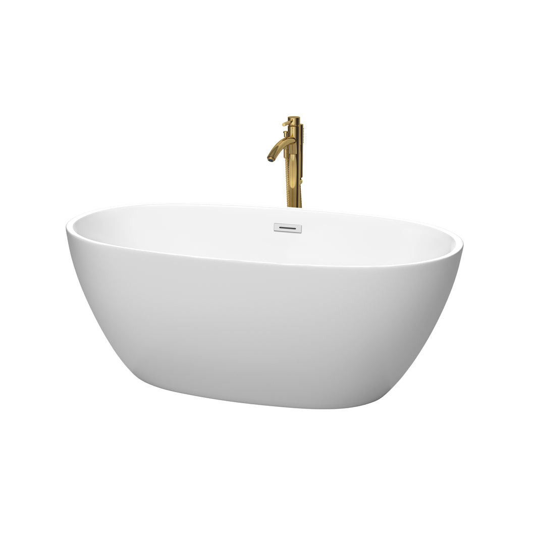 Wyndham Juno 59 Inch Freestanding Bathtub in Matte White with Polished Chrome Trim and Floor Mounted Faucet in Brushed Gold- Wyndham