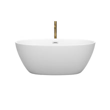 Load image into Gallery viewer, Wyndham Juno 59 Inch Freestanding Bathtub in Matte White with Polished Chrome Trim and Floor Mounted Faucet in Brushed Gold- Wyndham