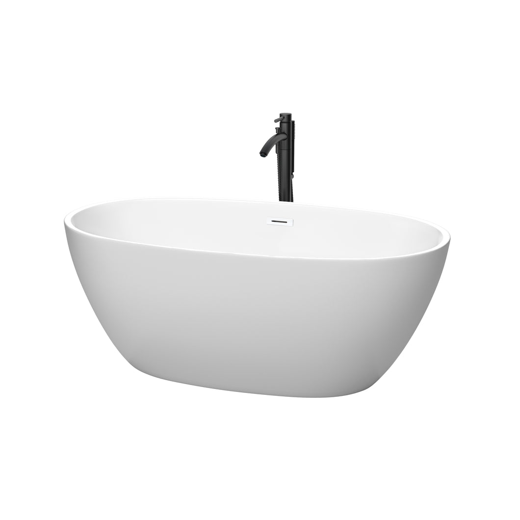 Wyndham Juno 59 Inch Freestanding Bathtub in Matte White with Shiny White Trim and Floor Mounted Faucet in Matte Black- Wyndham