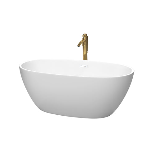Wyndham Juno 59 Inch Freestanding Bathtub in Matte White with Shiny White Trim and Floor Mounted Faucet in Brushed Gold- Wyndham