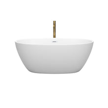 Load image into Gallery viewer, Wyndham Juno 59 Inch Freestanding Bathtub in Matte White with Shiny White Trim and Floor Mounted Faucet in Brushed Gold- Wyndham