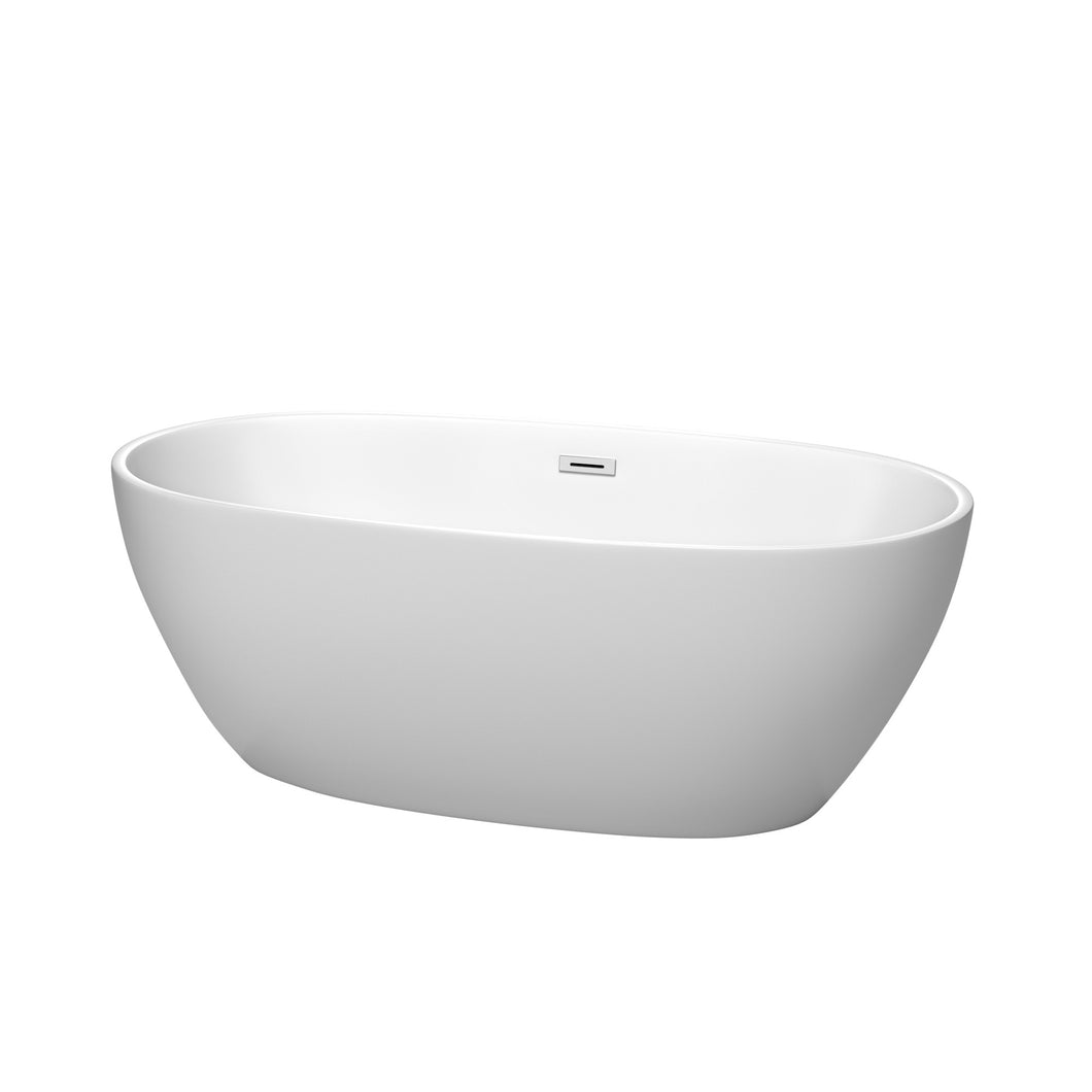 Wyndham Juno 63 Inch Freestanding Bathtub in Matte White with Polished Chrome Drain and Overflow Trim- Wyndham