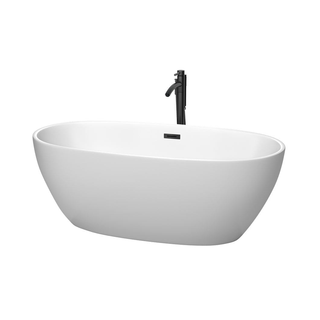 Wyndham Juno 63 Inch Freestanding Bathtub in Matte White with Floor Mounted Faucet, Drain and Overflow Trim in Matte Black- Wyndham