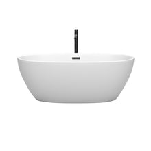 Load image into Gallery viewer, Wyndham Juno 63 Inch Freestanding Bathtub in Matte White with Floor Mounted Faucet, Drain and Overflow Trim in Matte Black- Wyndham