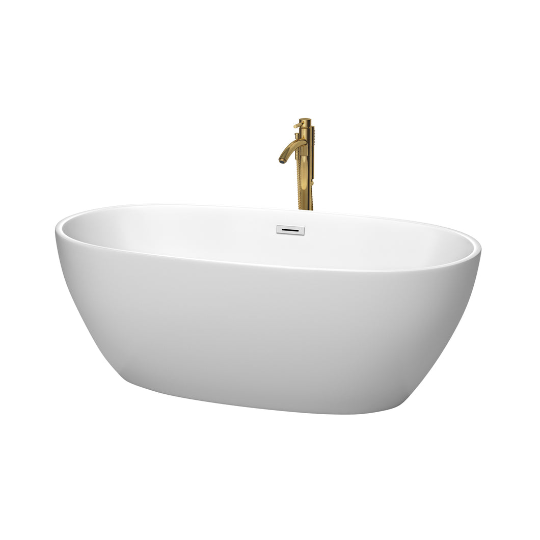 Wyndham Juno 63 Inch Freestanding Bathtub in Matte White with Polished Chrome Trim and Floor Mounted Faucet in Brushed Gold- Wyndham