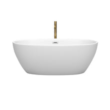 Load image into Gallery viewer, Wyndham Juno 63 Inch Freestanding Bathtub in Matte White with Polished Chrome Trim and Floor Mounted Faucet in Brushed Gold- Wyndham
