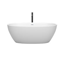 Load image into Gallery viewer, Wyndham Juno 63 Inch Freestanding Bathtub in Matte White with Shiny White Trim and Floor Mounted Faucet in Matte Black- Wyndham
