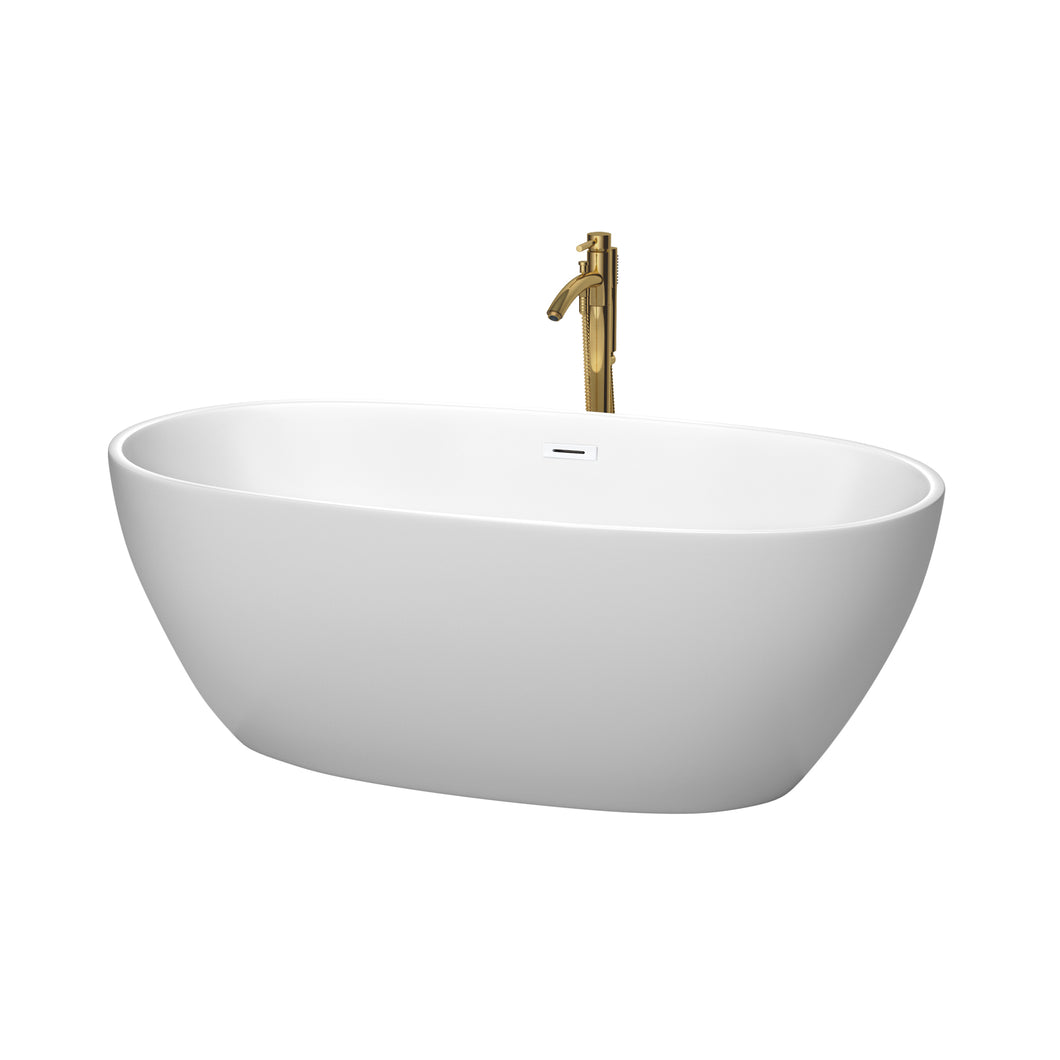 Wyndham Juno 63 Inch Freestanding Bathtub in Matte White with Shiny White Trim and Floor Mounted Faucet in Brushed Gold- Wyndham