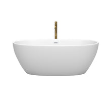 Load image into Gallery viewer, Wyndham Juno 63 Inch Freestanding Bathtub in Matte White with Shiny White Trim and Floor Mounted Faucet in Brushed Gold- Wyndham