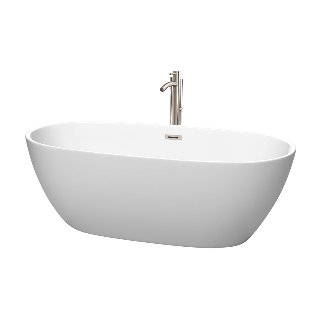 Wyndham Juno 67 Inch Freestanding Bathtub in Matte White with Floor Mounted Faucet, Drain and Overflow Trim in Brushed Nickel- Wyndham