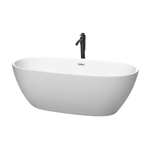 Wyndham Juno 67 Inch Freestanding Bathtub in Matte White with Polished Chrome Trim and Floor Mounted Faucet in Matte Black- Wyndham