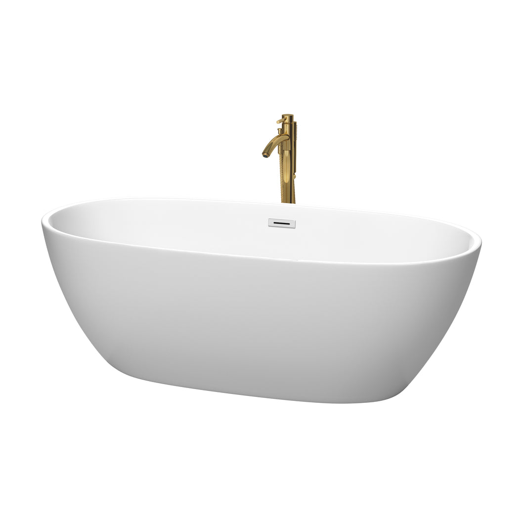 Wyndham Juno 67 Inch Freestanding Bathtub in Matte White with Polished Chrome Trim and Floor Mounted Faucet in Brushed Gold- Wyndham