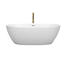 Load image into Gallery viewer, Wyndham Juno 67 Inch Freestanding Bathtub in Matte White with Polished Chrome Trim and Floor Mounted Faucet in Brushed Gold- Wyndham