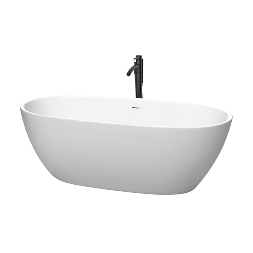Wyndham Juno 67 Inch Freestanding Bathtub in Matte White with Shiny White Trim and Floor Mounted Faucet in Matte Black- Wyndham
