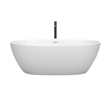 Load image into Gallery viewer, Wyndham Juno 67 Inch Freestanding Bathtub in Matte White with Shiny White Trim and Floor Mounted Faucet in Matte Black- Wyndham