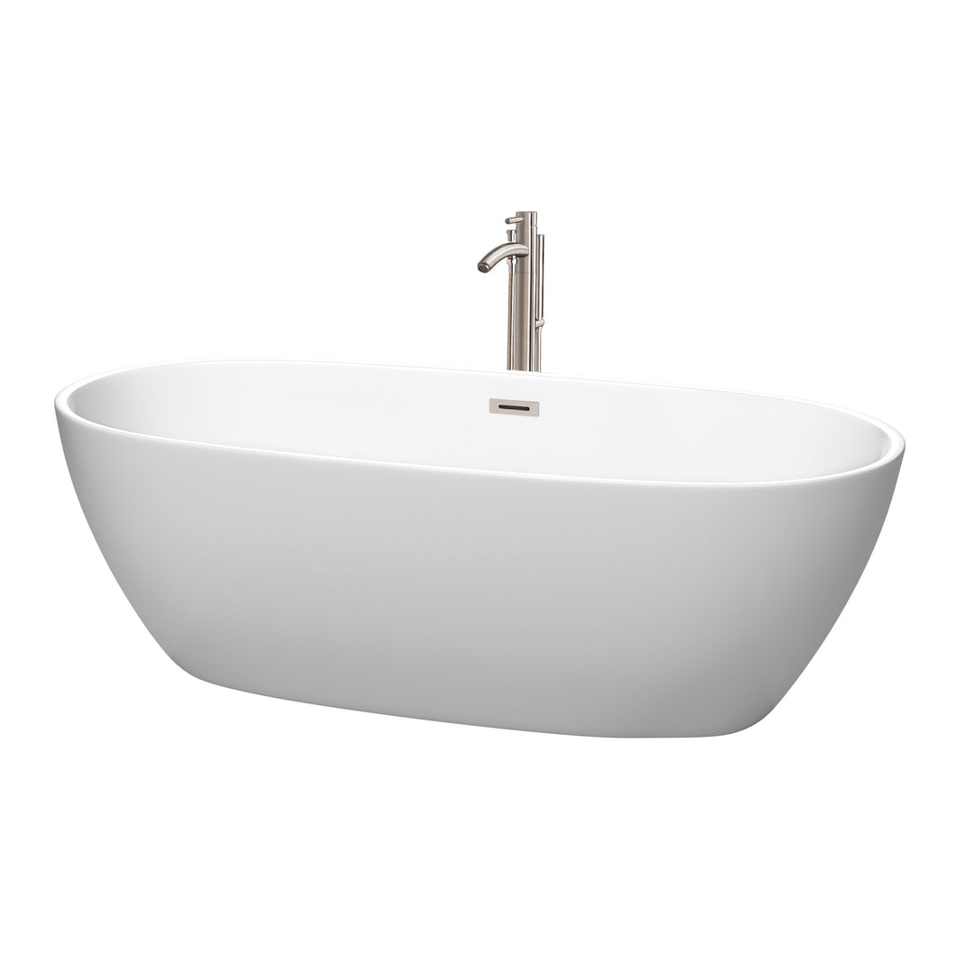 Wyndham Juno 71 Inch Freestanding Bathtub in Matte White with Floor Mounted Faucet, Drain and Overflow Trim in Brushed Nickel- Wyndham