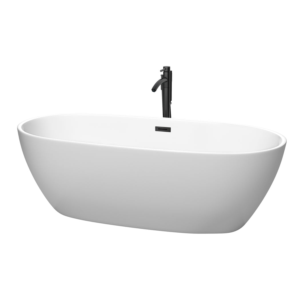 Wyndham Juno 71 Inch Freestanding Bathtub in Matte White with Floor Mounted Faucet, Drain and Overflow Trim in Matte Black- Wyndham