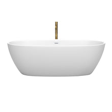 Load image into Gallery viewer, Wyndham Juno 71 Inch Freestanding Bathtub in Matte White with Shiny White Trim and Floor Mounted Faucet in Brushed Gold- Wyndham