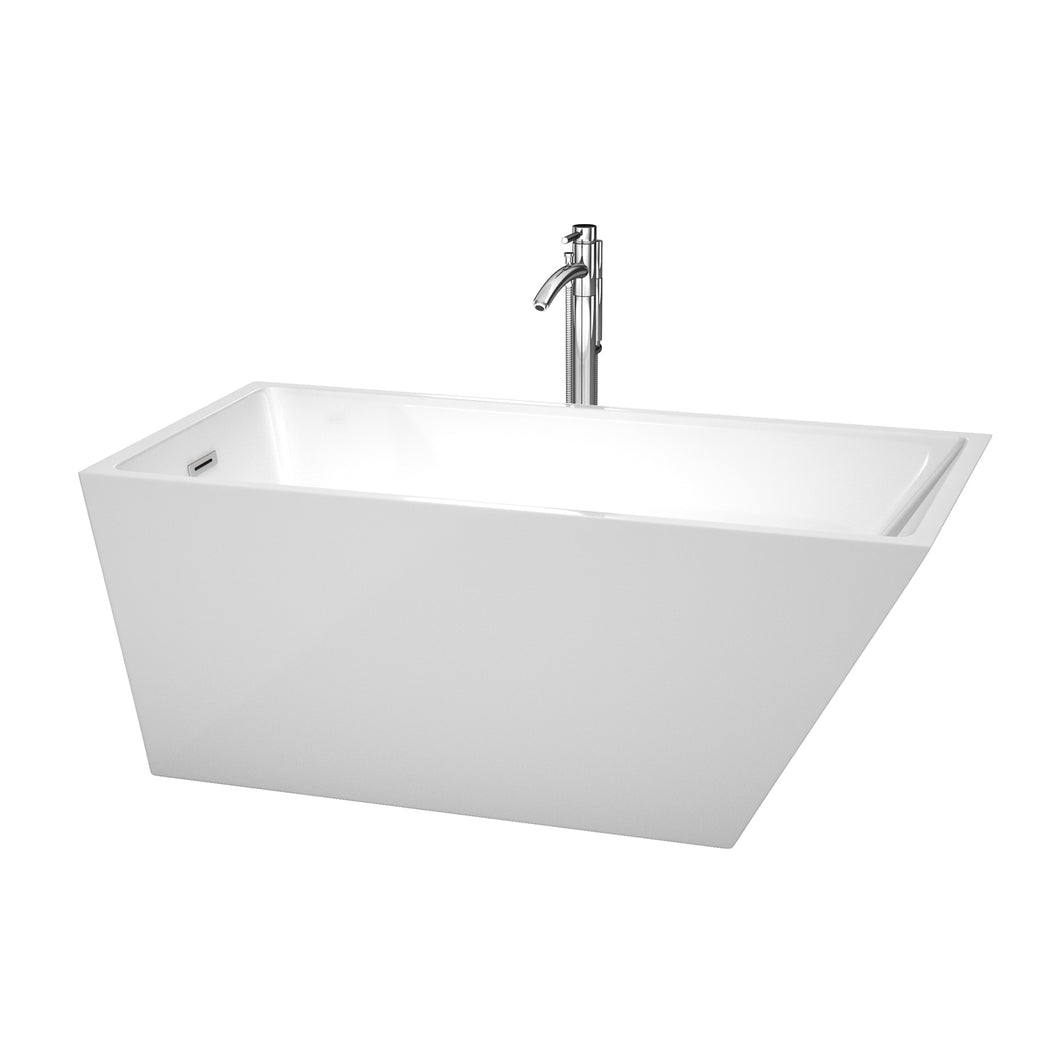 Wyndham Hannah 59 Inch Freestanding Bathtub in White with Floor Mounted Faucet, Drain and Overflow Trim in Polished Chrome- Wyndham
