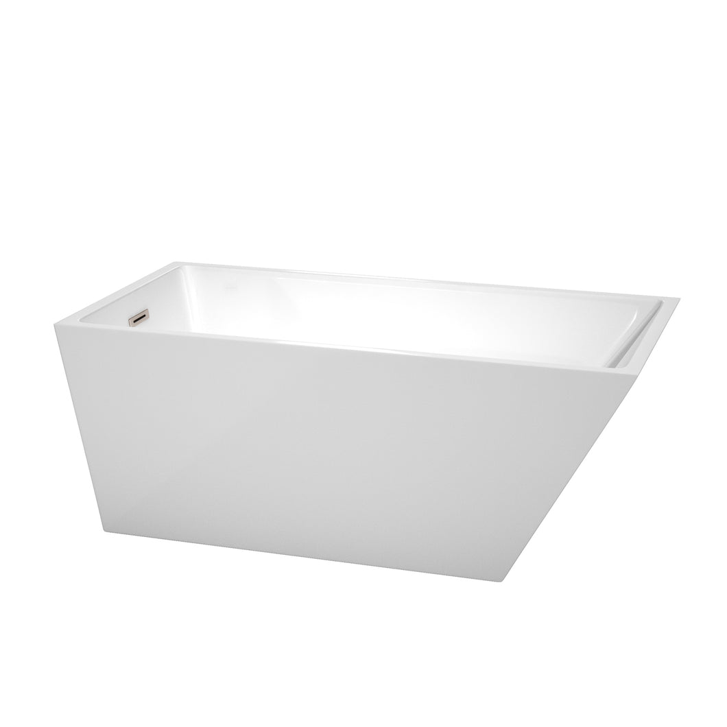 Wyndham Hannah 59 Inch Freestanding Bathtub in White with Brushed Nickel Drain and Overflow Trim- Wyndham
