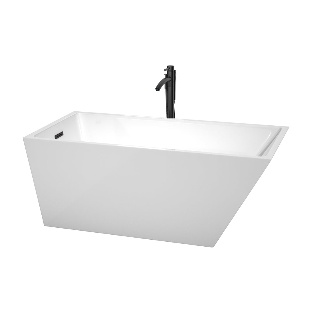 Wyndham Hannah 59 Inch Freestanding Bathtub in White with Floor Mounted Faucet, Drain and Overflow Trim in Matte Black- Wyndham
