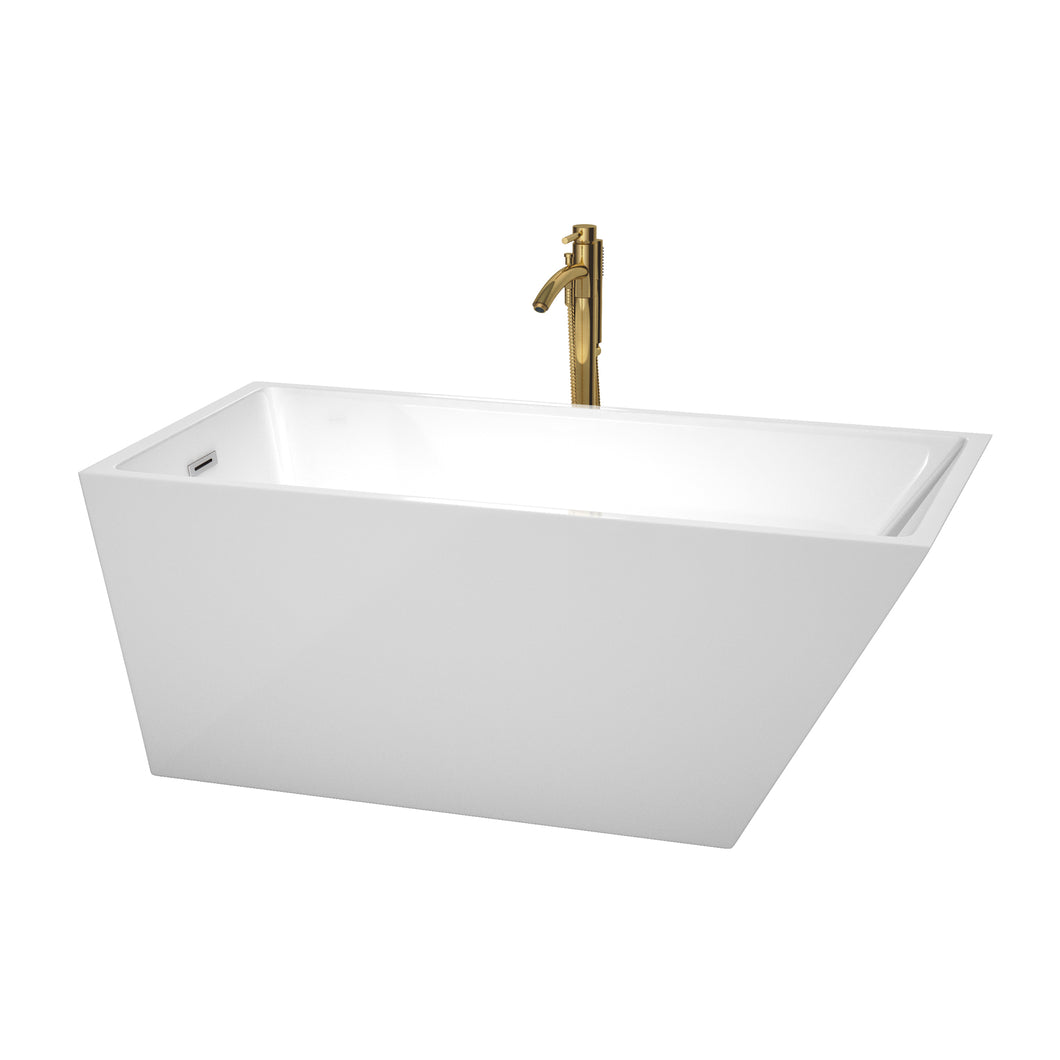 Wyndham Hannah 59 Inch Freestanding Bathtub in White with Polished Chrome Trim and Floor Mounted Faucet in Brushed Gold- Wyndham