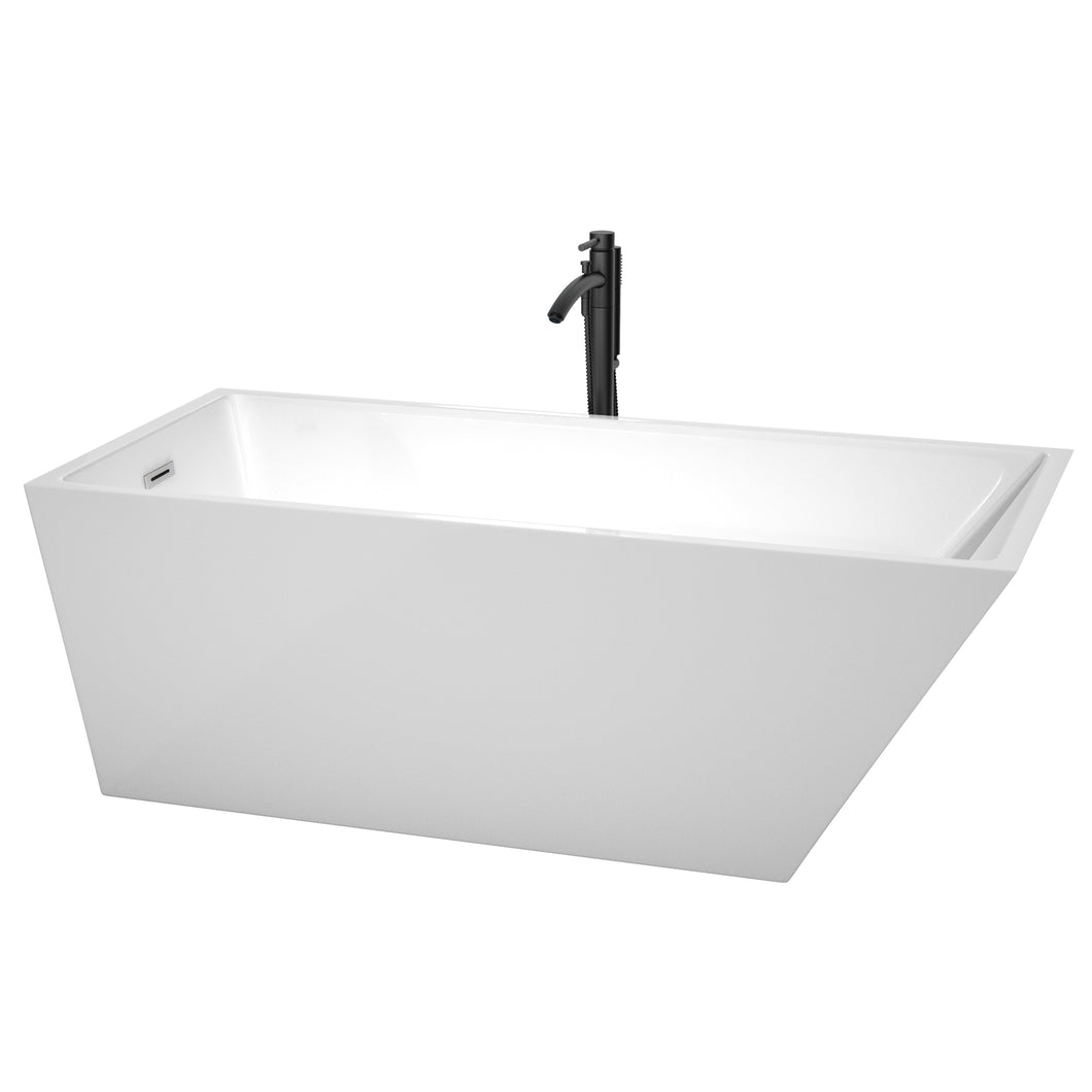Wyndham Hannah 67 Inch Freestanding Bathtub in White with Polished Chrome Trim and Floor Mounted Faucet in Matte Black- Wyndham