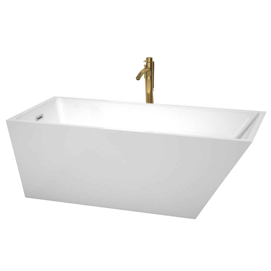Wyndham Hannah 67 Inch Freestanding Bathtub in White with Polished Chrome Trim and Floor Mounted Faucet in Brushed Gold- Wyndham