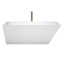 Load image into Gallery viewer, Wyndham Hannah 67 Inch Freestanding Bathtub in White with Polished Chrome Trim and Floor Mounted Faucet in Brushed Gold- Wyndham