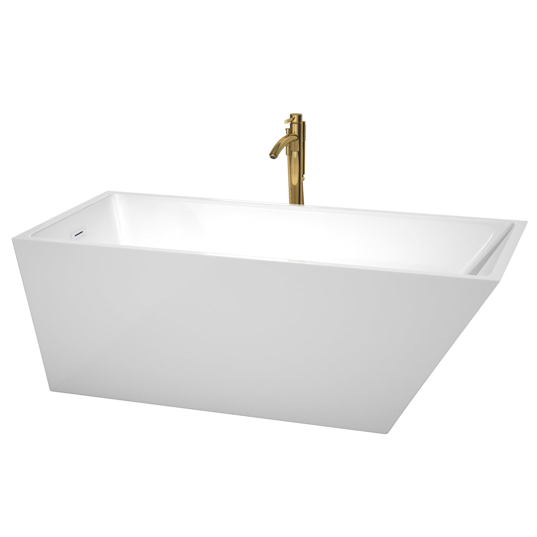 Wyndham Hannah 67 Inch Freestanding Bathtub in White with Shiny White Trim and Floor Mounted Faucet in Brushed Gold- Wyndham