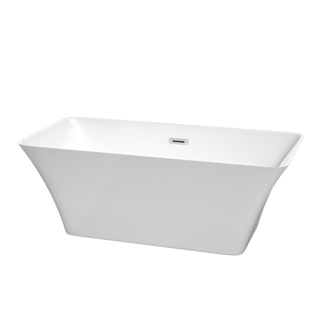 Wyndham Tiffany 59 Inch Freestanding Bathtub in White with Polished Chrome Drain and Overflow Trim- Wyndham