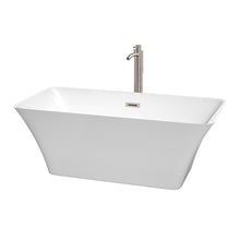 Load image into Gallery viewer, Wyndham Tiffany 59 Inch Freestanding Bathtub in White with Floor Mounted Faucet, Drain and Overflow Trim in Brushed Nickel- Wyndham