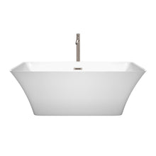 Load image into Gallery viewer, Wyndham Tiffany 59 Inch Freestanding Bathtub in White with Floor Mounted Faucet, Drain and Overflow Trim in Brushed Nickel- Wyndham