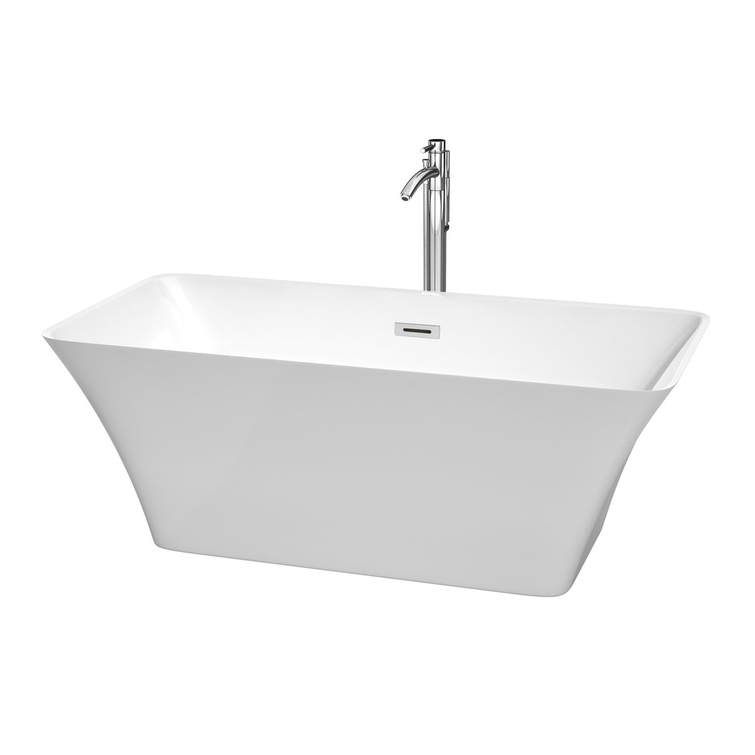 Wyndham Tiffany 59 Inch Freestanding Bathtub in White with Floor Mounted Faucet, Drain and Overflow Trim in Polished Chrome- Wyndham