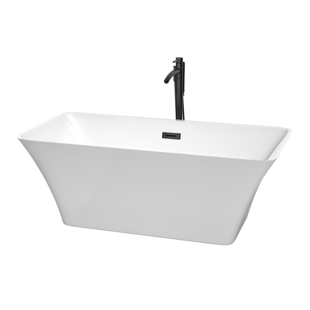 Wyndham Tiffany 59 Inch Freestanding Bathtub in White with Floor Mounted Faucet, Drain and Overflow Trim in Matte Black- Wyndham