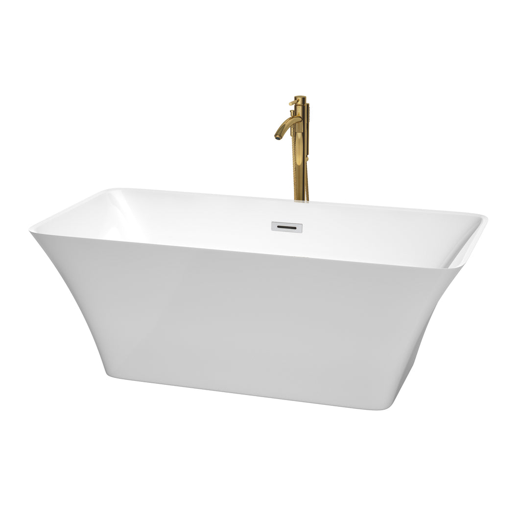 Wyndham Tiffany 59 Inch Freestanding Bathtub in White with Polished Chrome Trim and Floor Mounted Faucet in Brushed Gold- Wyndham