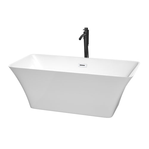 Wyndham Tiffany 59 Inch Freestanding Bathtub in White with Shiny White Trim and Floor Mounted Faucet in Matte Black- Wyndham