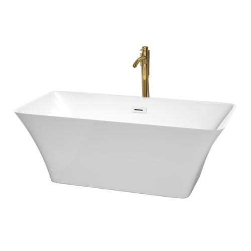 Wyndham Tiffany 59 Inch Freestanding Bathtub in White with Shiny White Trim and Floor Mounted Faucet in Brushed Gold- Wyndham