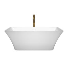 Load image into Gallery viewer, Wyndham Tiffany 59 Inch Freestanding Bathtub in White with Shiny White Trim and Floor Mounted Faucet in Brushed Gold- Wyndham