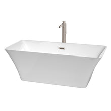 Load image into Gallery viewer, Wyndham Tiffany 67 Inch Freestanding Bathtub in White with Floor Mounted Faucet, Drain and Overflow Trim in Brushed Nickel- Wyndham